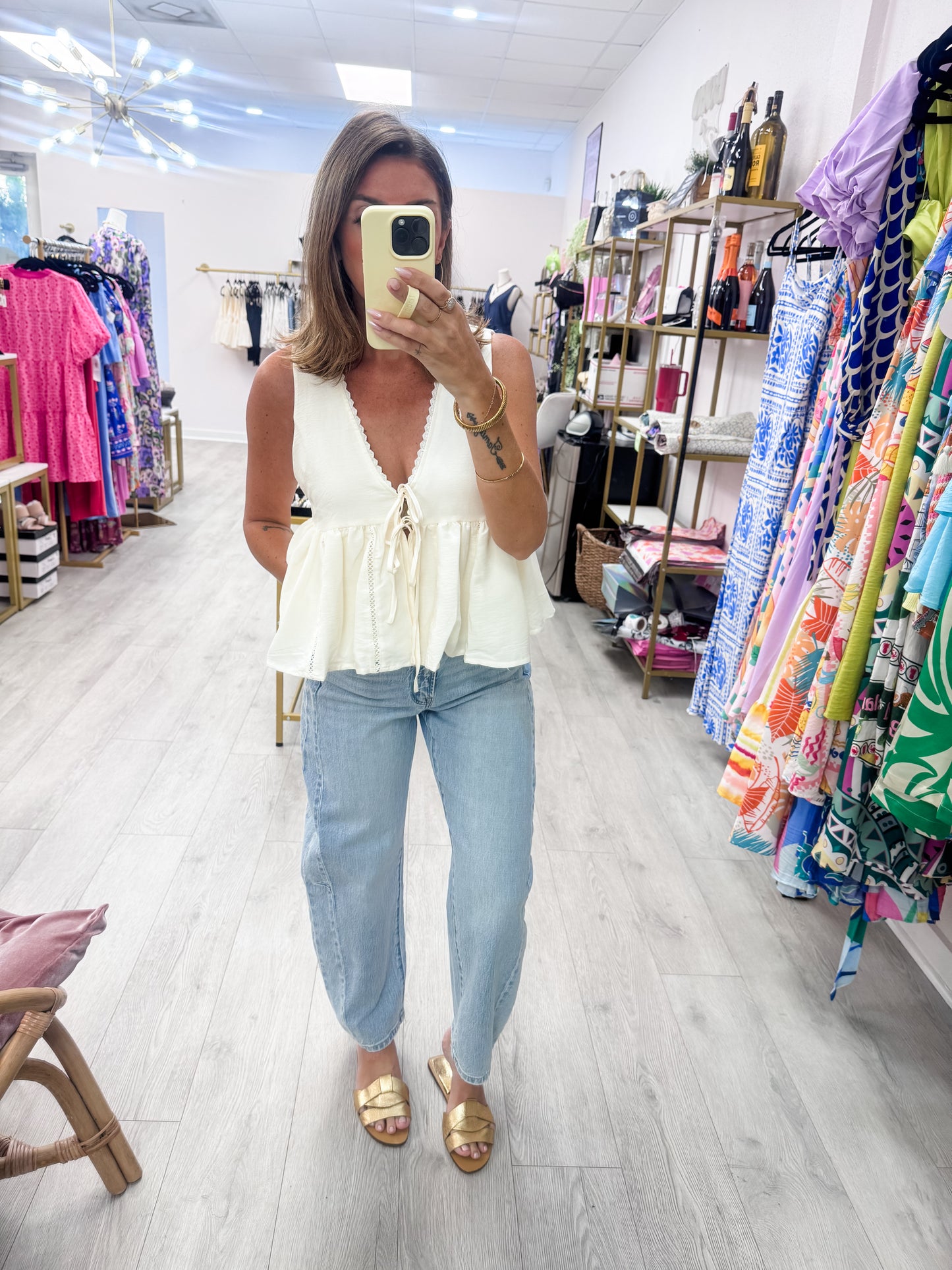 Cream Lace Trim Tie Front Top