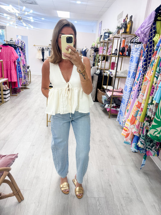 Cream Lace Trim Tie Front Top