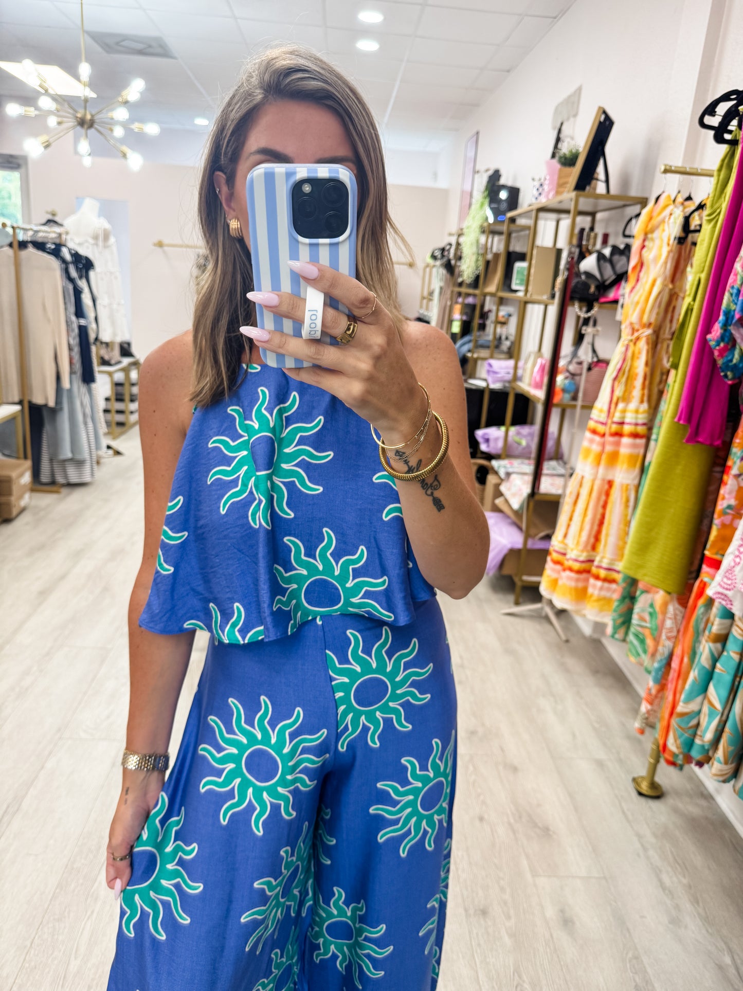 Blue Printed Ruffle Jumpsuit