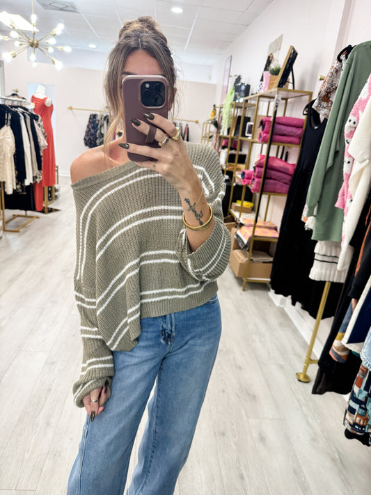 Olive Double Striped Long Sleeve Knit Top