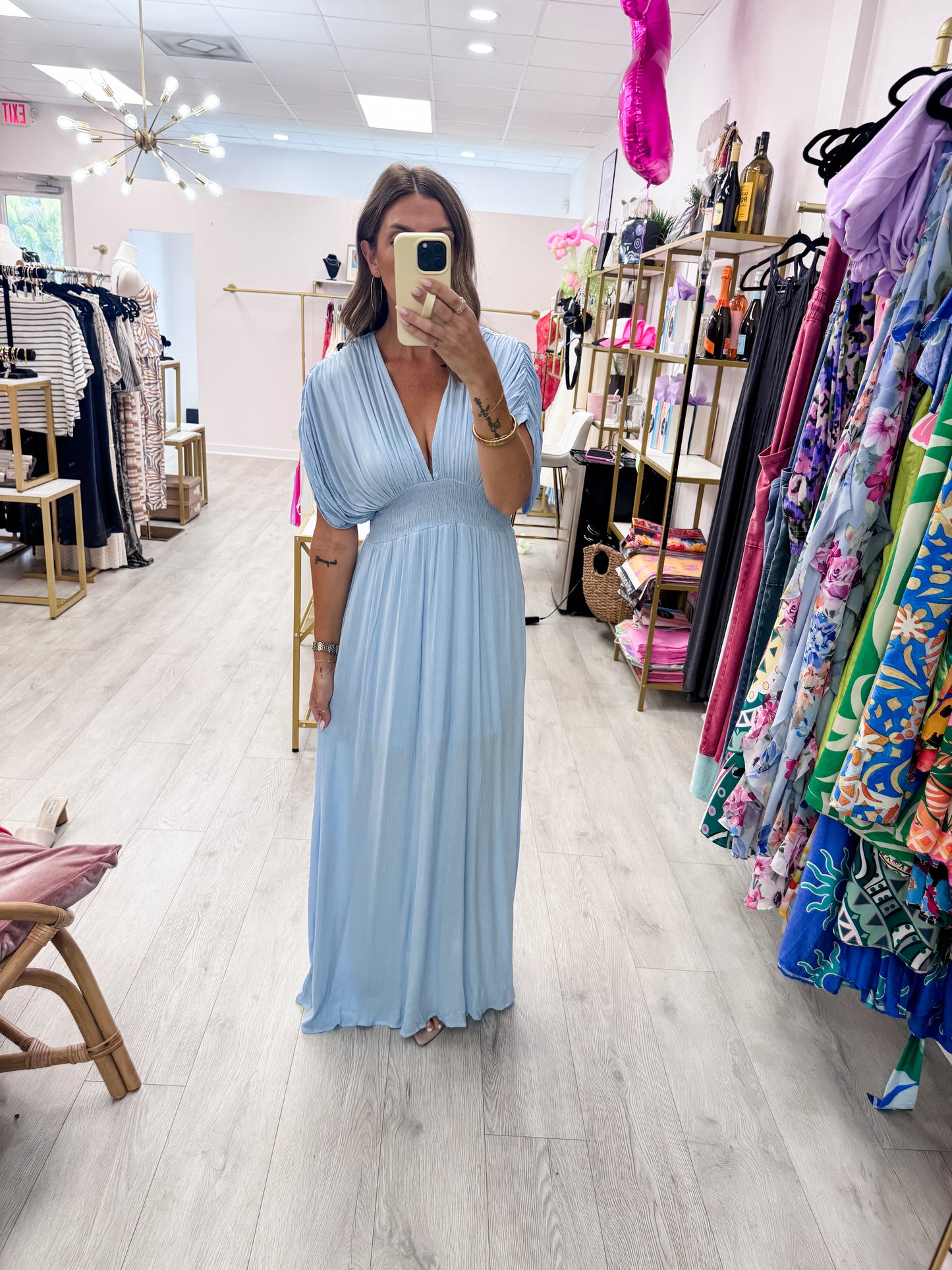 Blue Glow Smocked Waist Plunge Maxi Dress