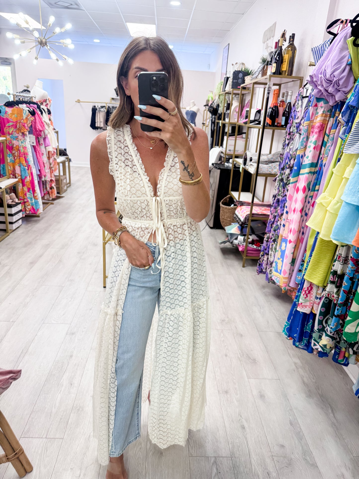 Sheer Crochet Lace Sleeveless Tie-Front Maxi Top
