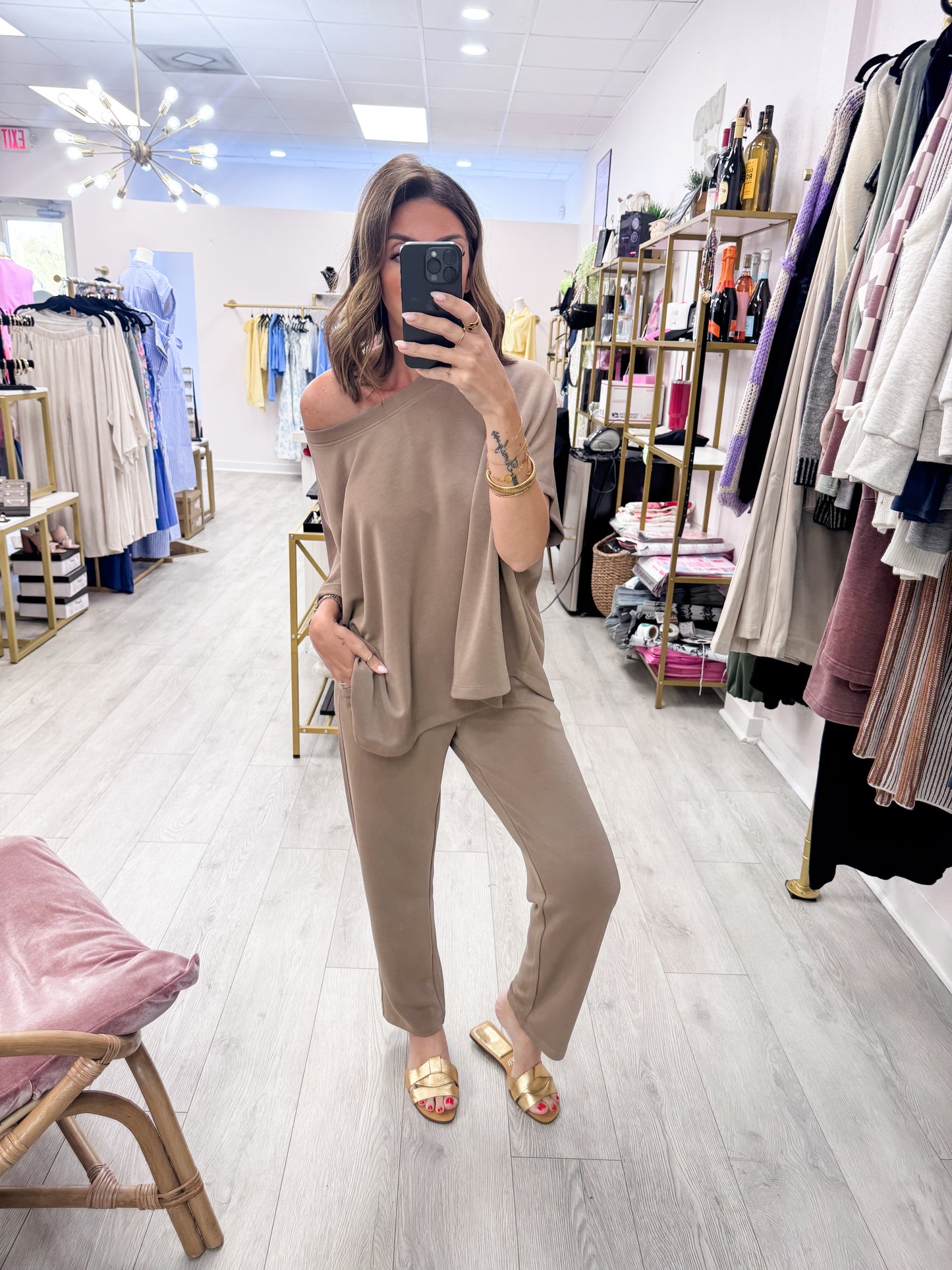 Taupe Laguna Boatneck Top & Pants SET