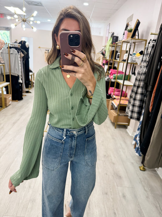 Green Knit Button Down Top