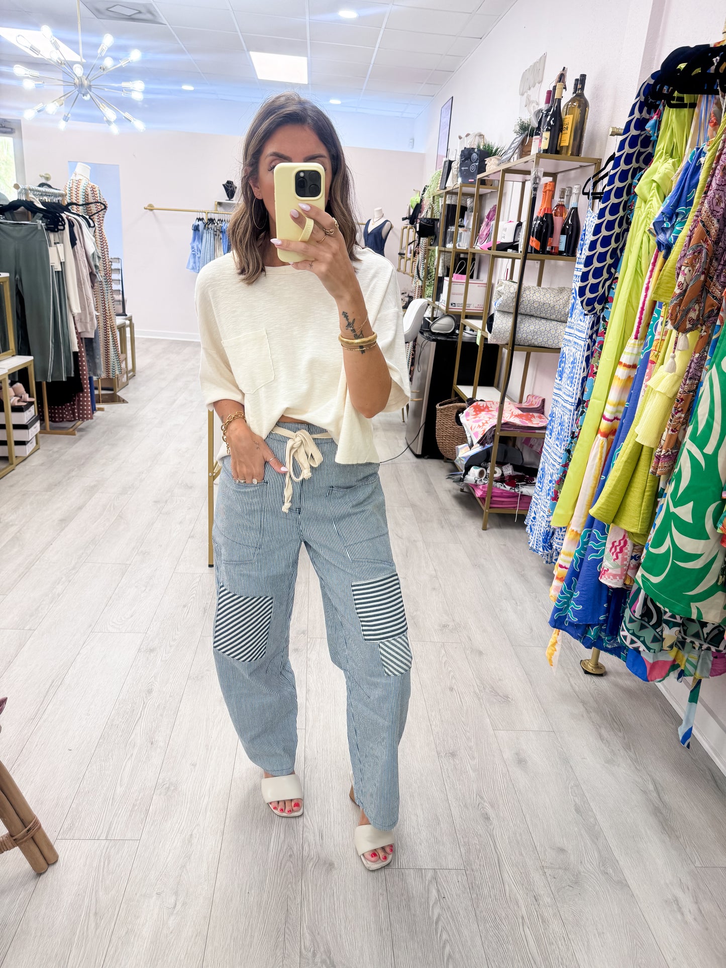 Washed Denim Relaxed Striped Drawstring Pants