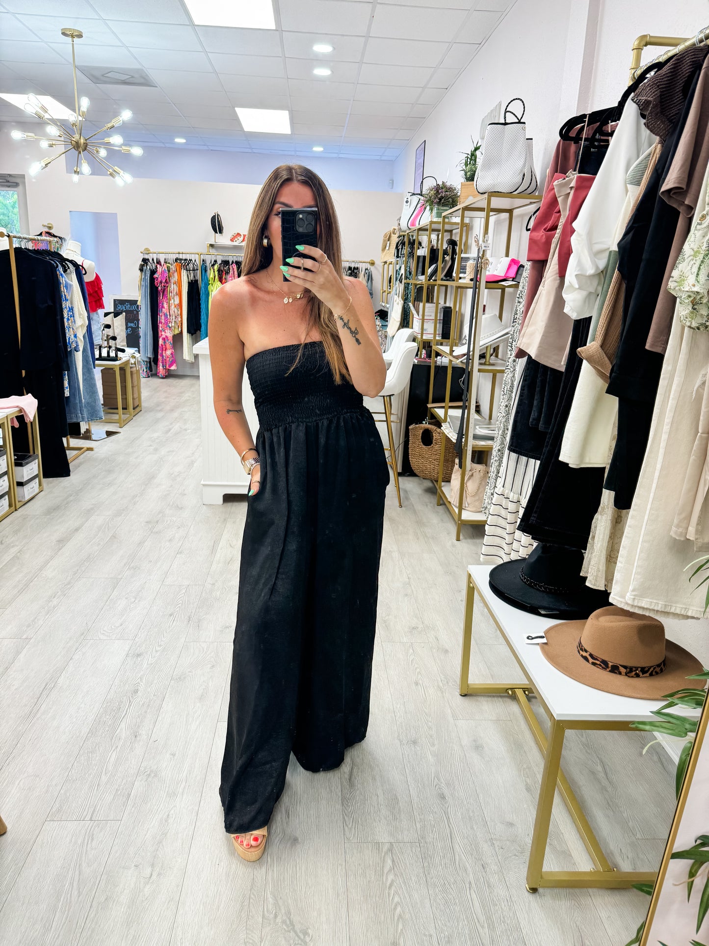 B- Wide Leg Solid Smocked Jumpsuit