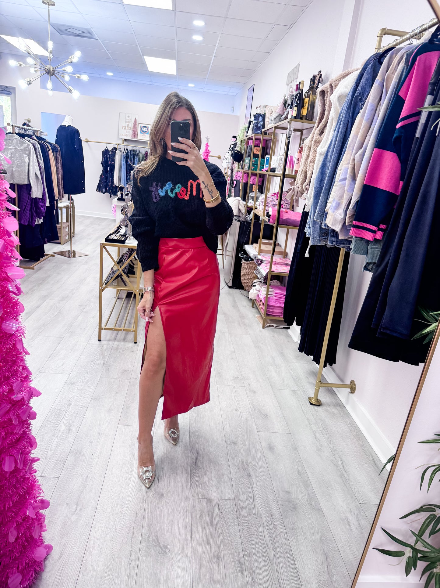 Red Leather Skirt with Slit