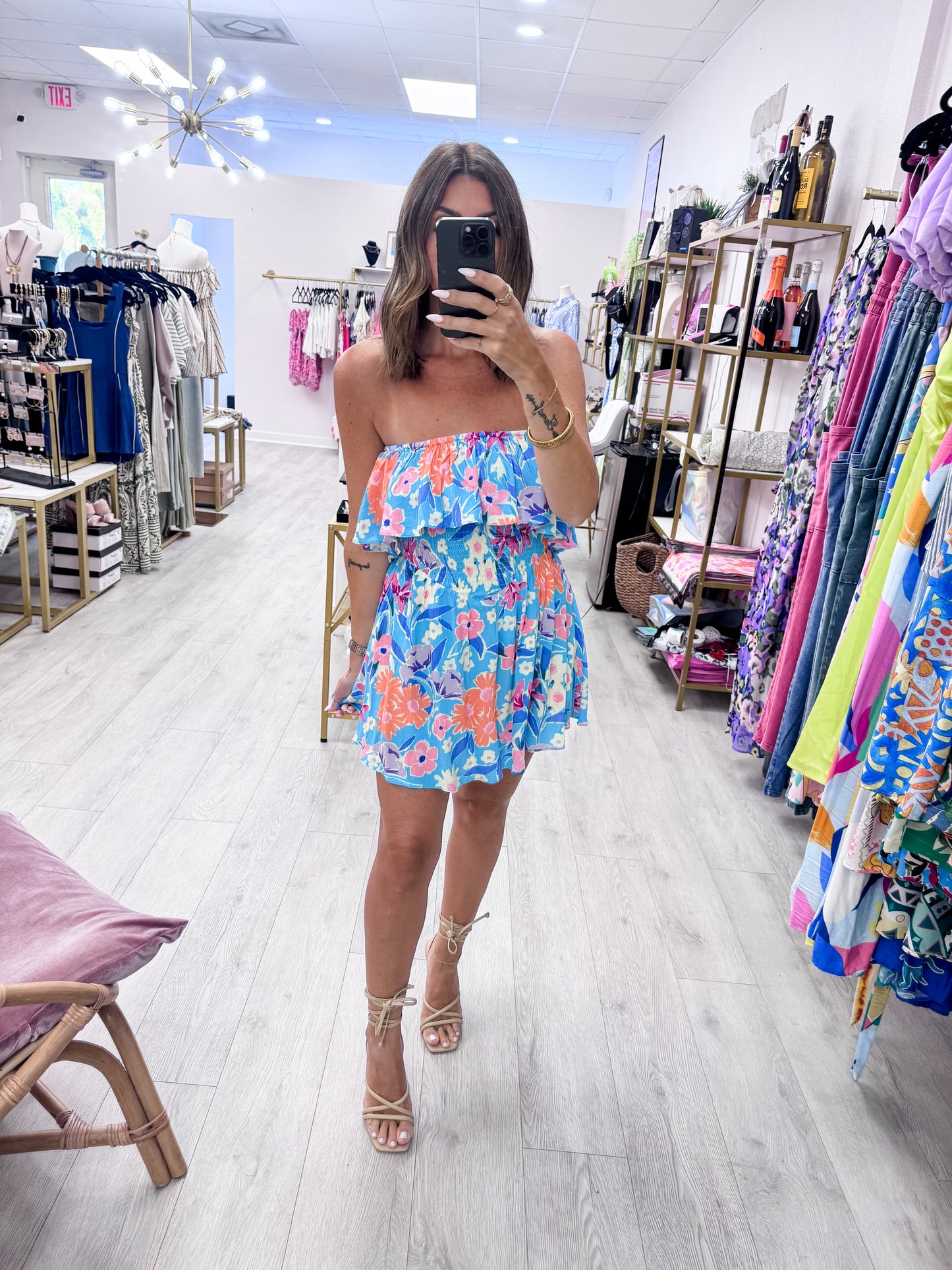 Blue Strapless Floral Rayon Crepe Romper