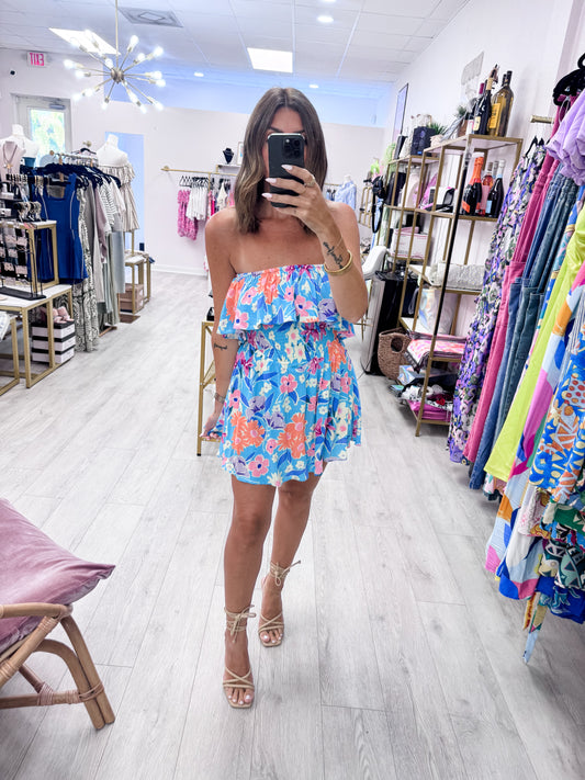 Blue Strapless Floral Rayon Crepe Romper