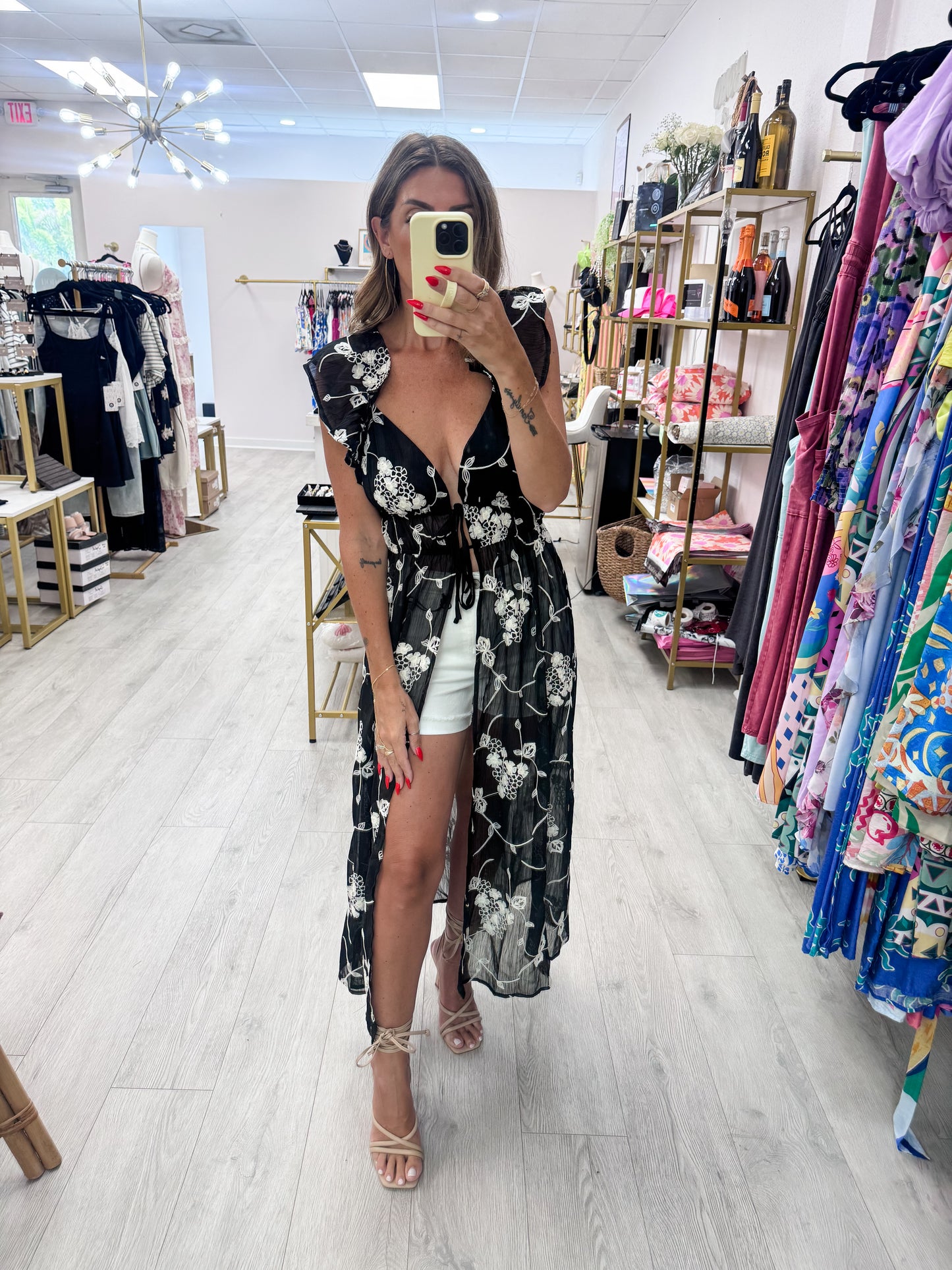 Black Embroidered Chiffon Duster Top