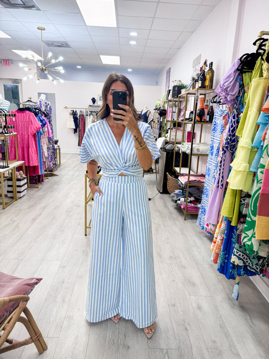 Blue Striped Twist Front Top & Pants