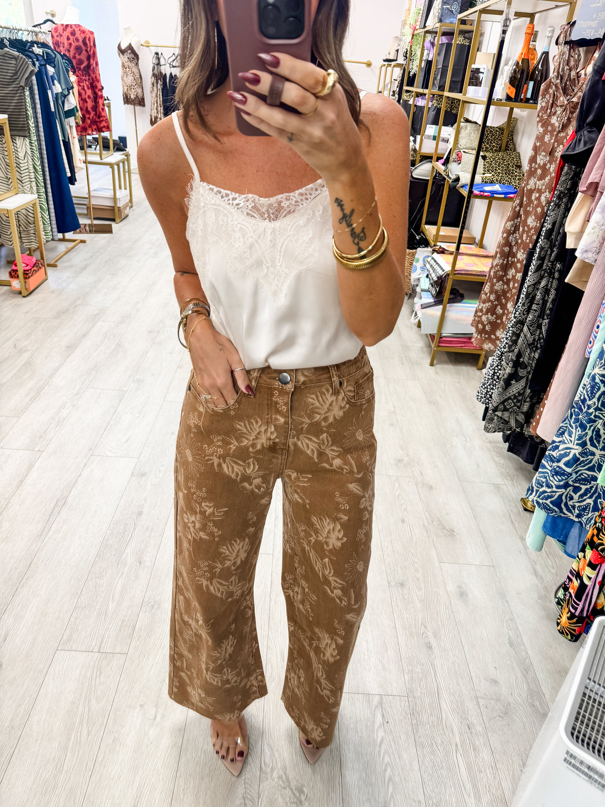 Floral Straight Leg Washed Denim