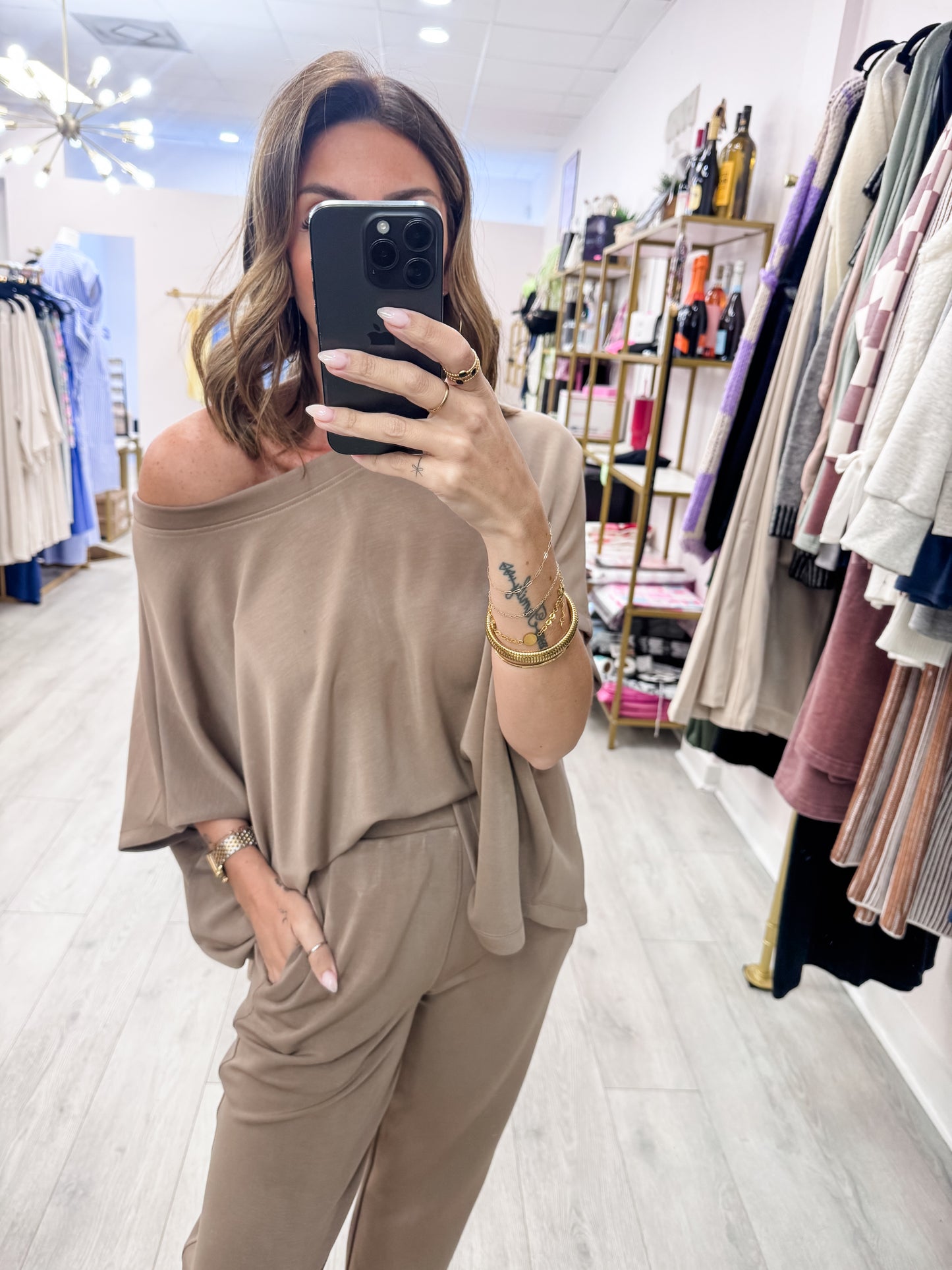 Taupe Laguna Boatneck Top & Pants SET
