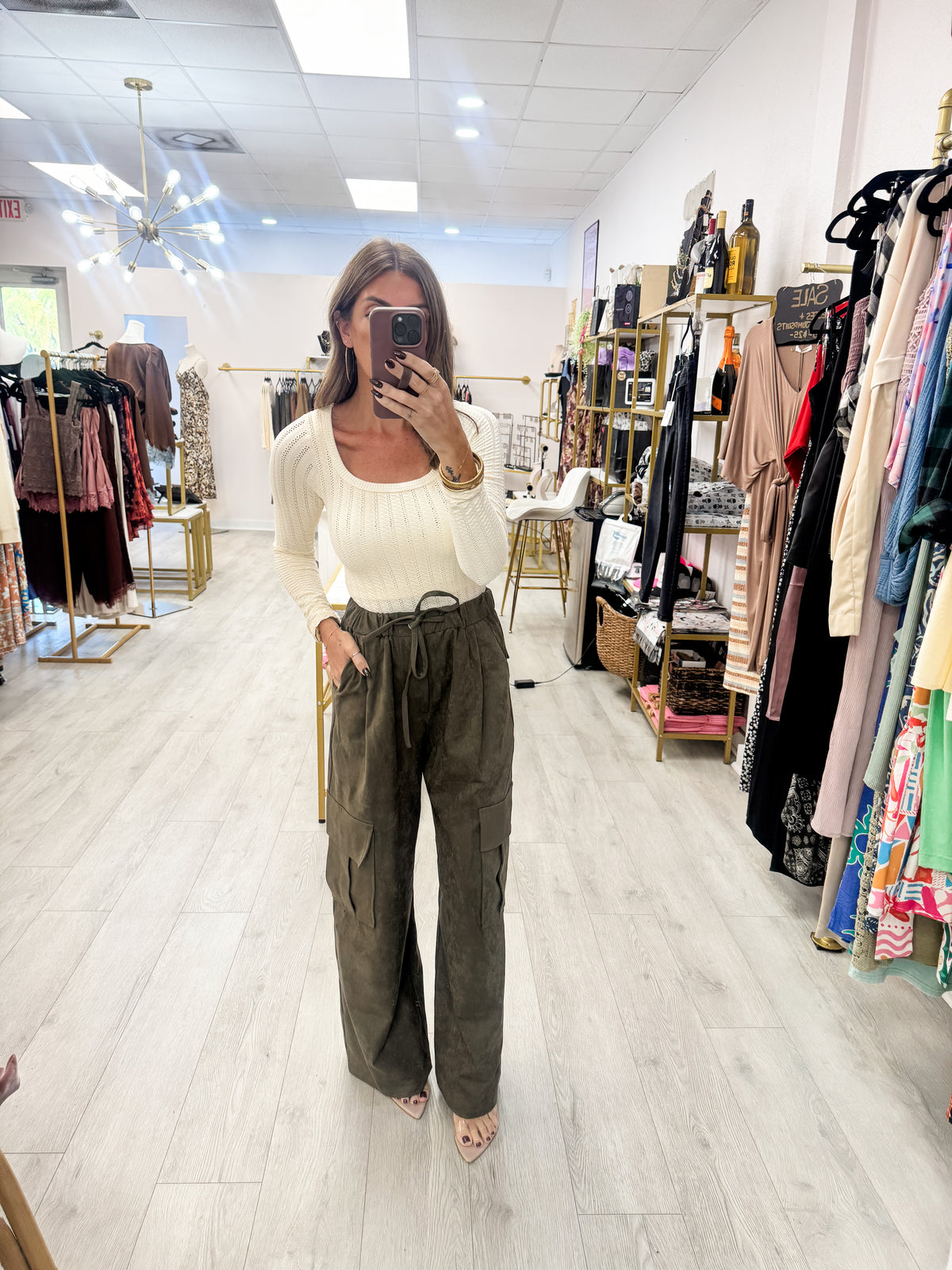 Olive Faux Suede Wide-Leg Cargo Pants