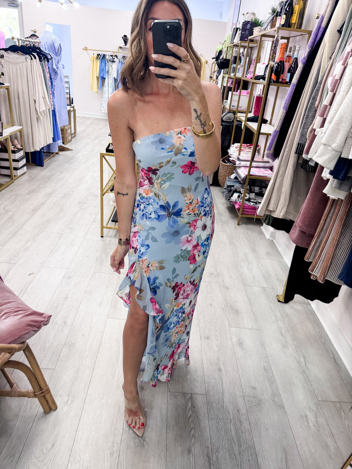 Garden Promenade Strapless Ruffled Slit Maxi Dress