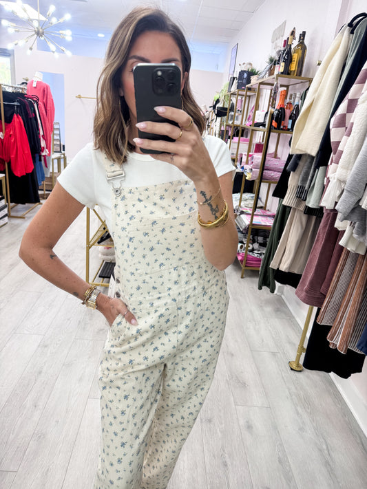 Blue Floral Patterned Overalls