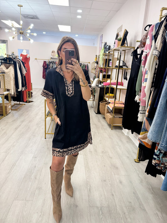 Black Leopard Accent Trim Dress
