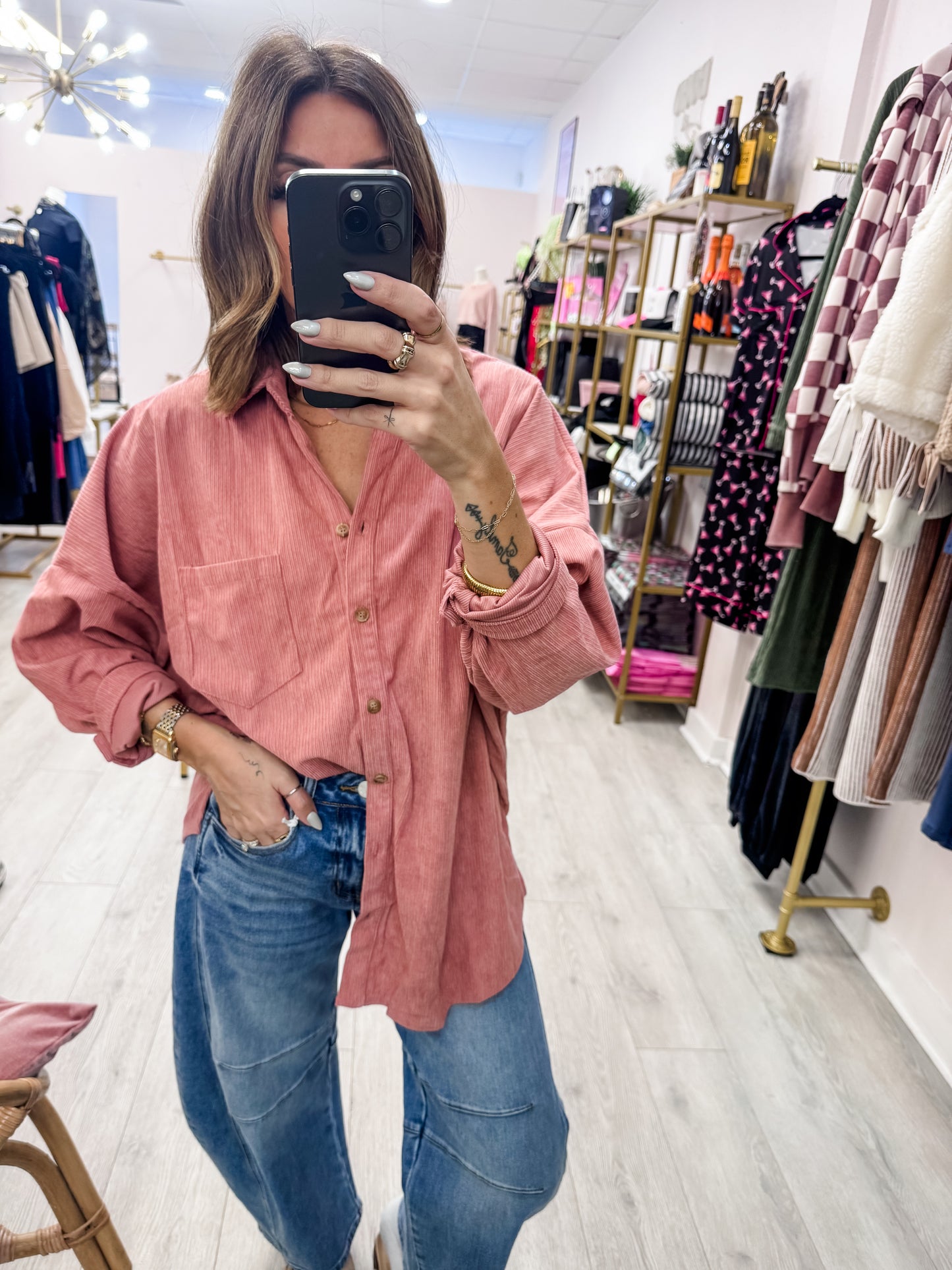 Mauve Casual Oversized Button Down Corduroy Shirt