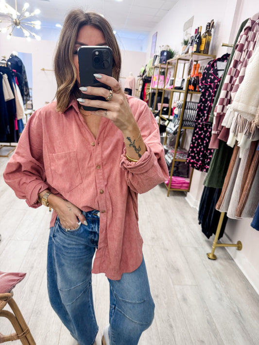 Mauve Casual Oversized Button Down Corduroy Shirt