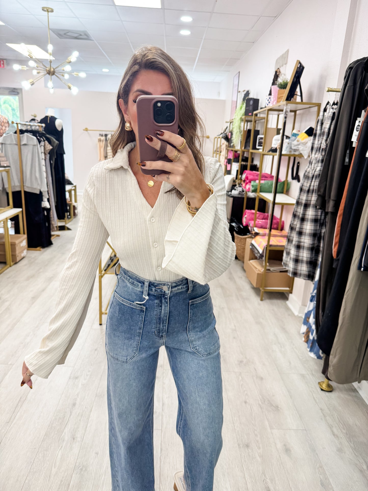 Cream Knit Button Down Top