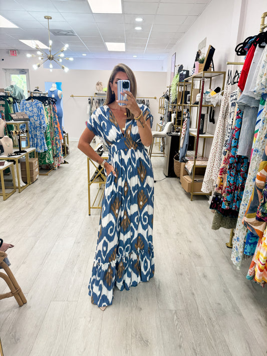 Blue Printed V Neck Maxi Dress