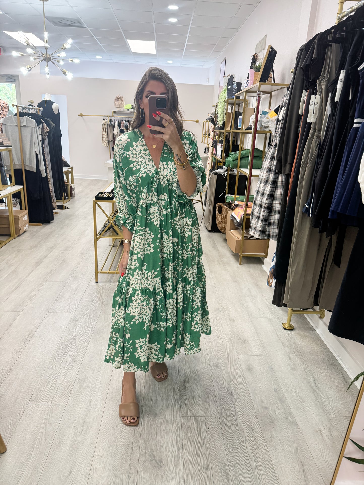 Green Loose Fit Floral Midi Dress