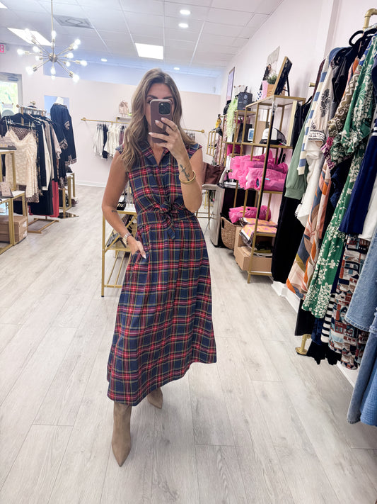 Navy Plaid Pattern Midi Dress