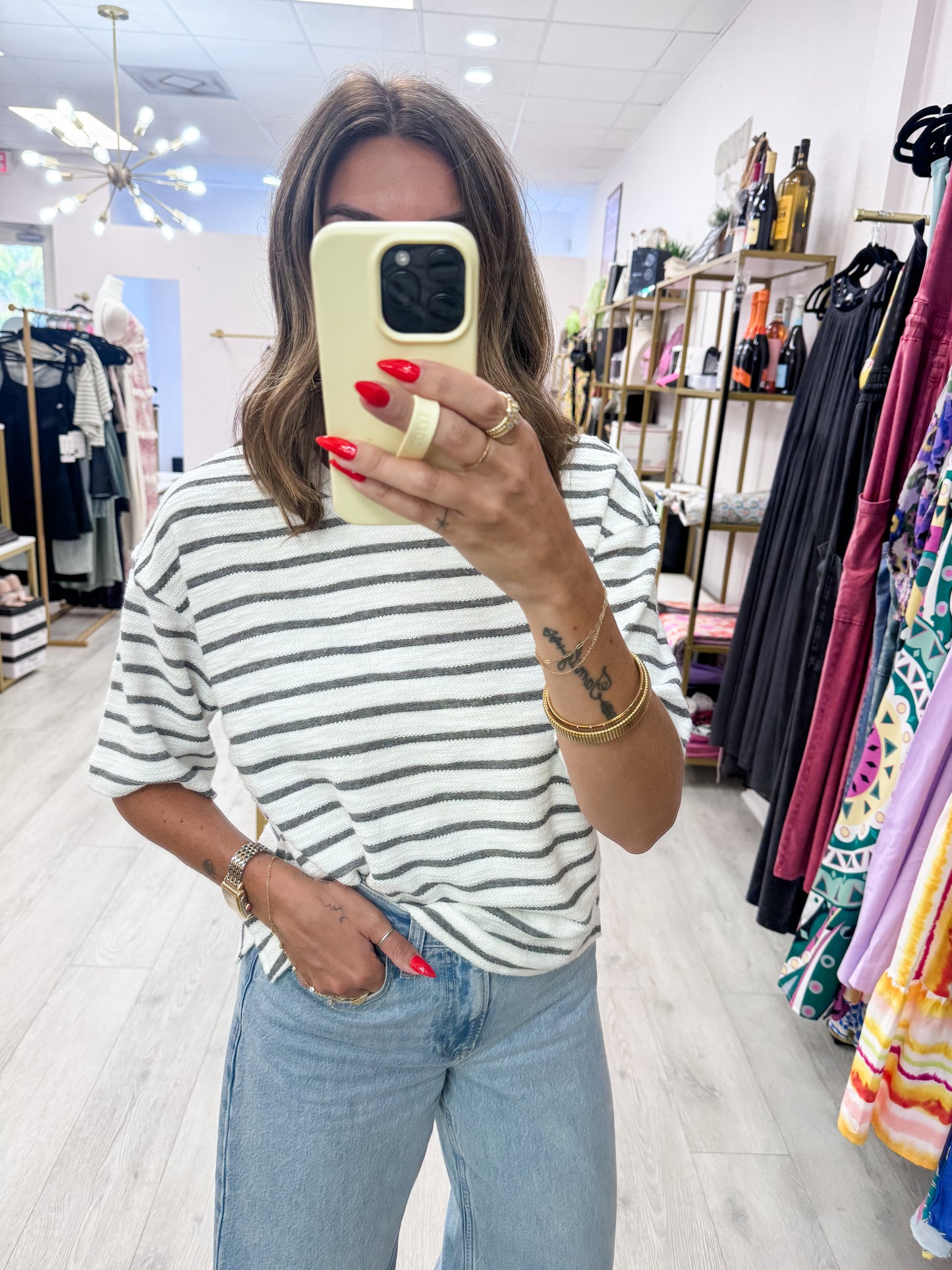 Striped Short Sleeve Terry Crew Neck Top