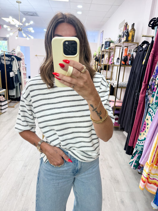 Striped Short Sleeve Terry Crew Neck Top