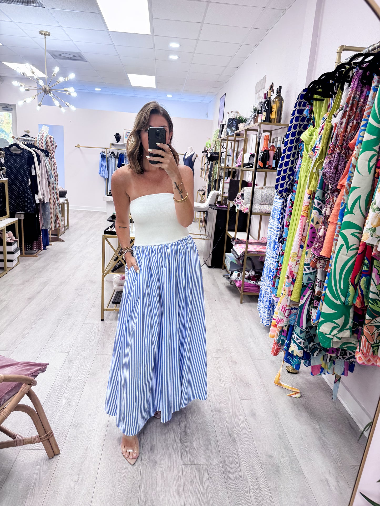 Nantucket Striped Strapless Flowy Midi Dress