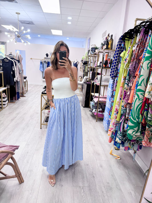 Nantucket Striped Strapless Flowy Midi Dress