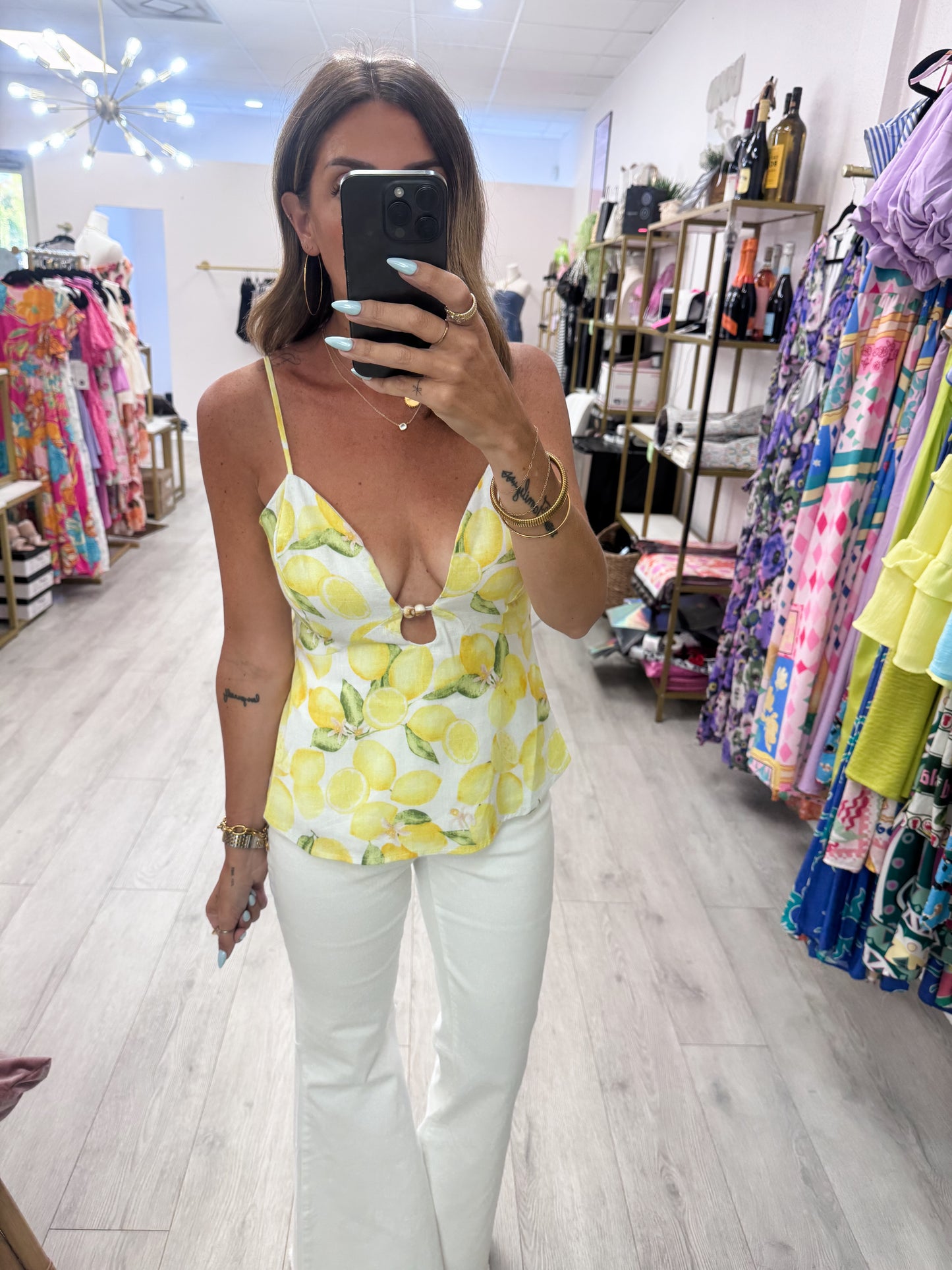 Lemon Print Plunge V-Neck Top