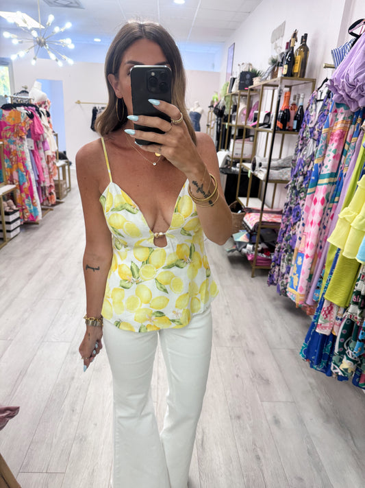 Lemon Print Plunge V-Neck Top