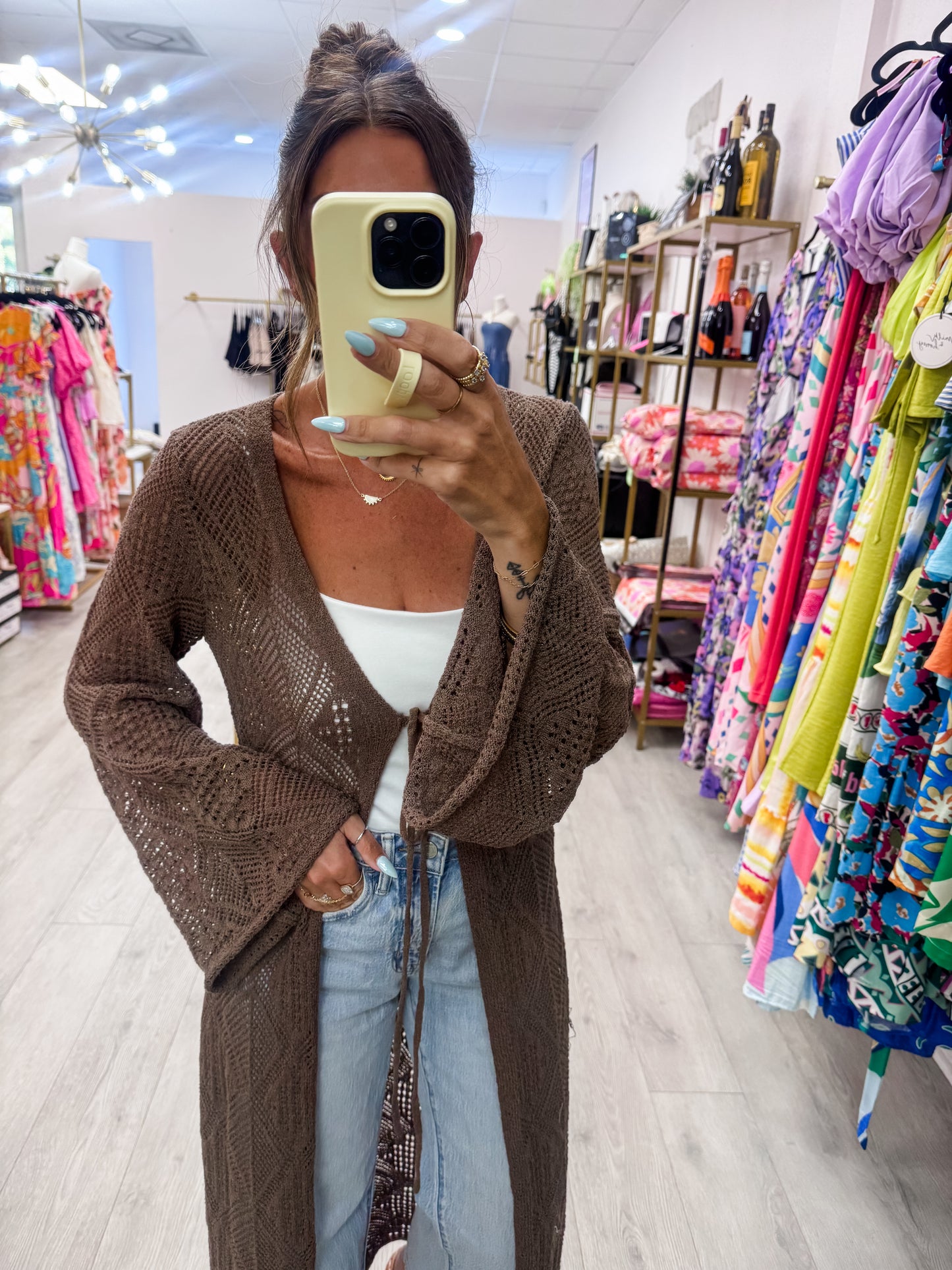 Mocha Pointelle Crochet Knit Cardigan