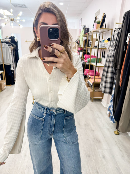 Cream Knit Button Down Top