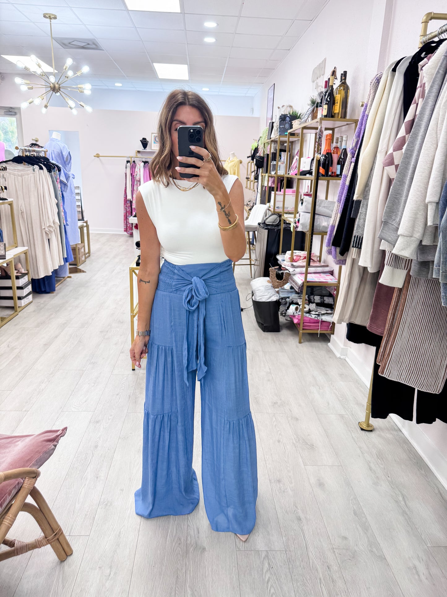 Blue Smocked Waist Palazzo Pants