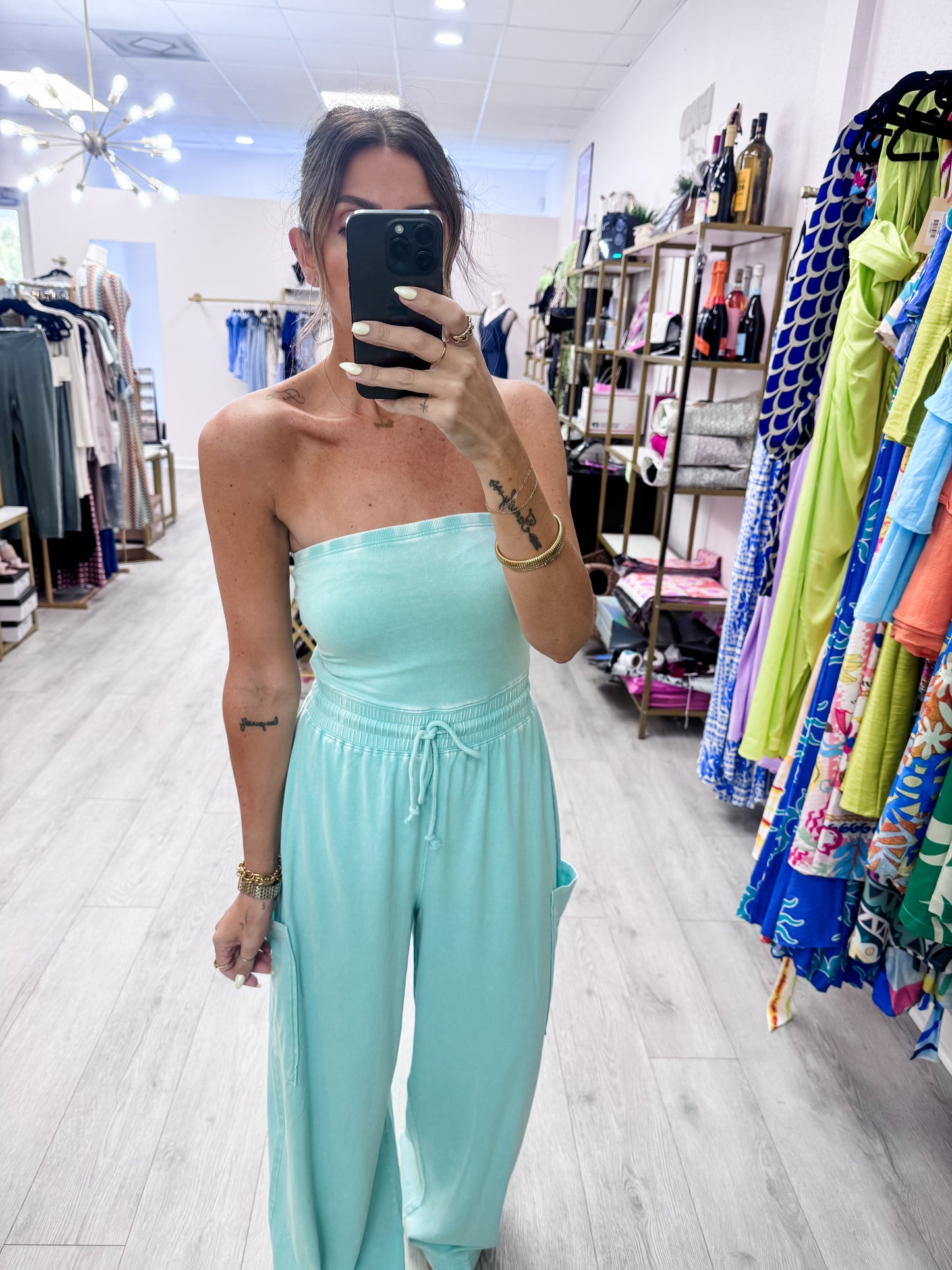 Mint Mineral Wash Strapless Wide-Leg Jumpsuit