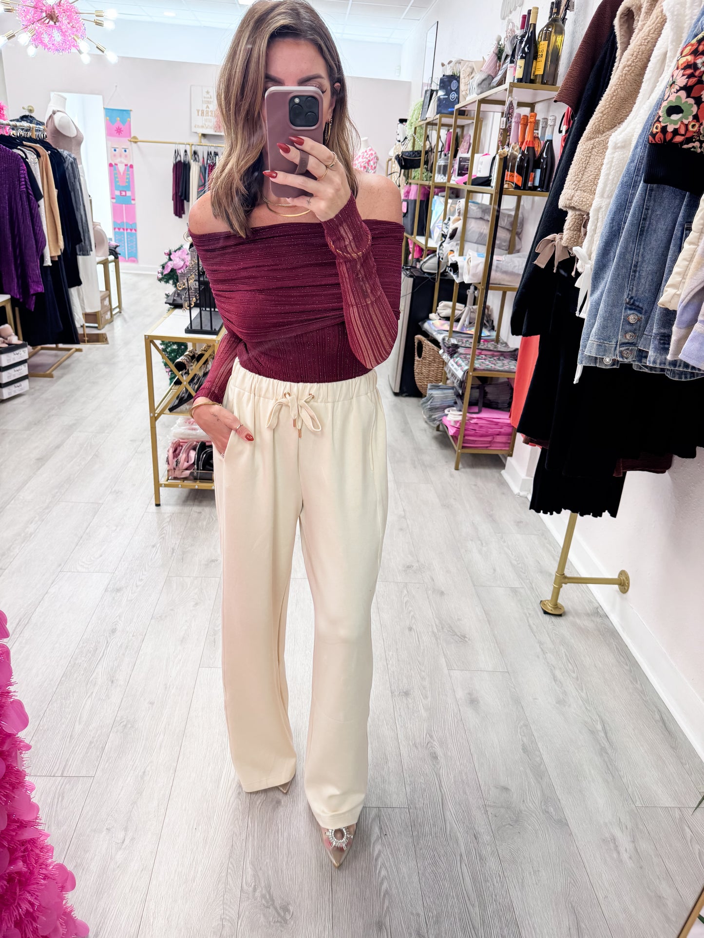 Cream Knit Wide-Leg Trousers With Drawstring Waist
