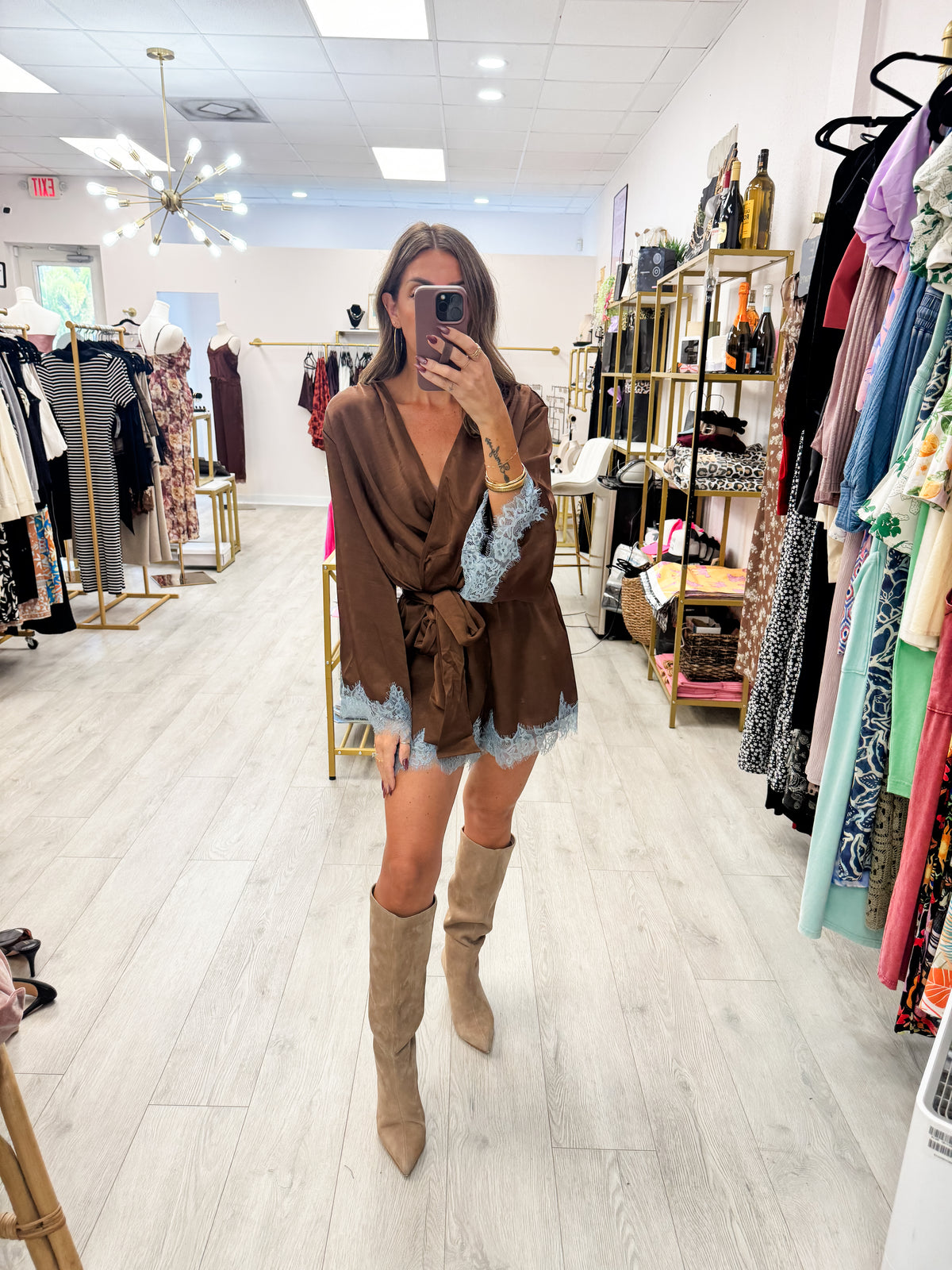 Brown Contrast Lace Trim Satin Wrap Romper