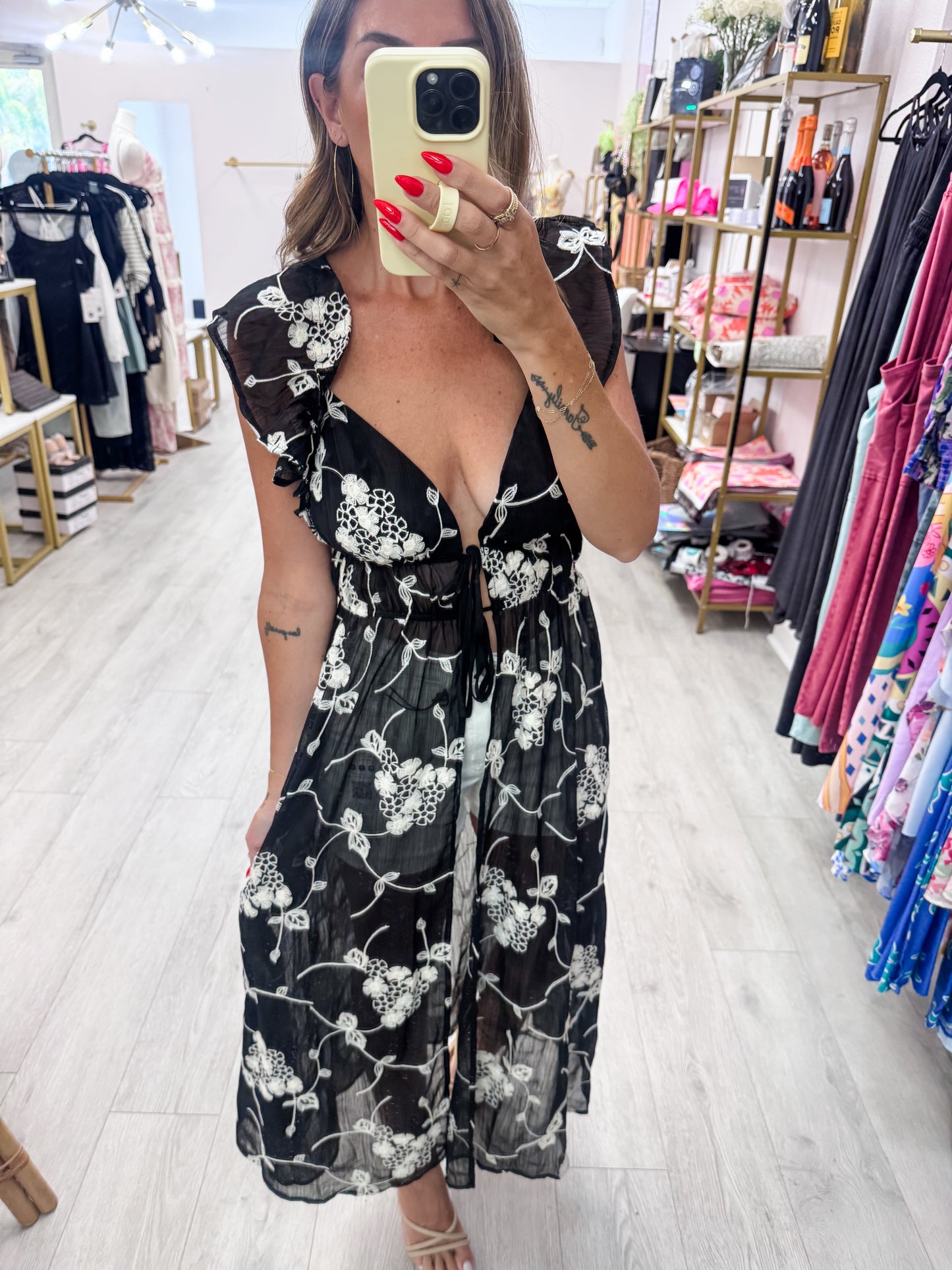 Black Embroidered Chiffon Duster Top