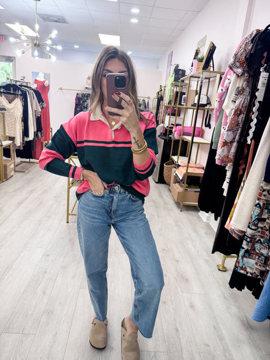 Contrasting Striped Polo Sweater