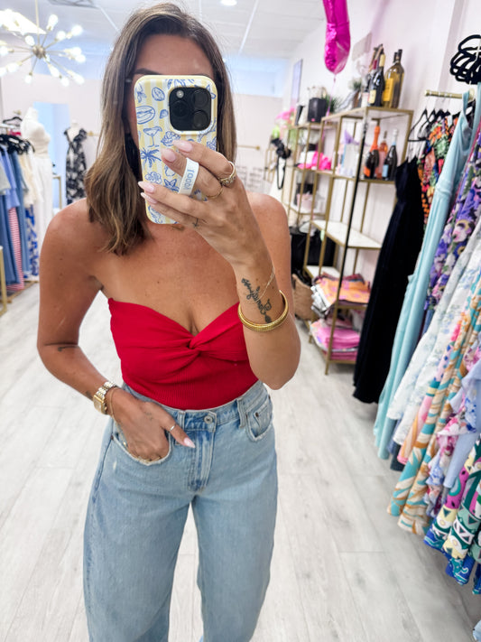 Red Ribbed Twist Knot Top