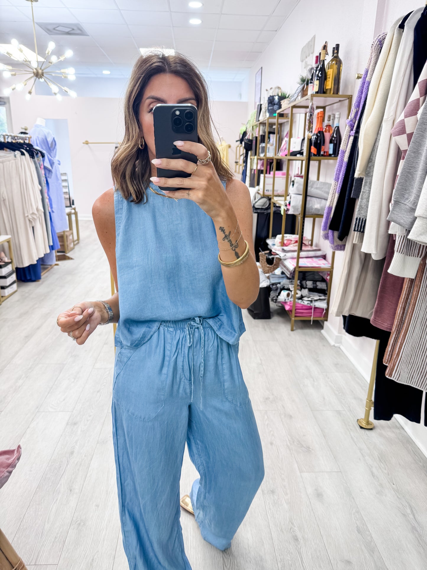 Chambray Button Back Sleeveless Top