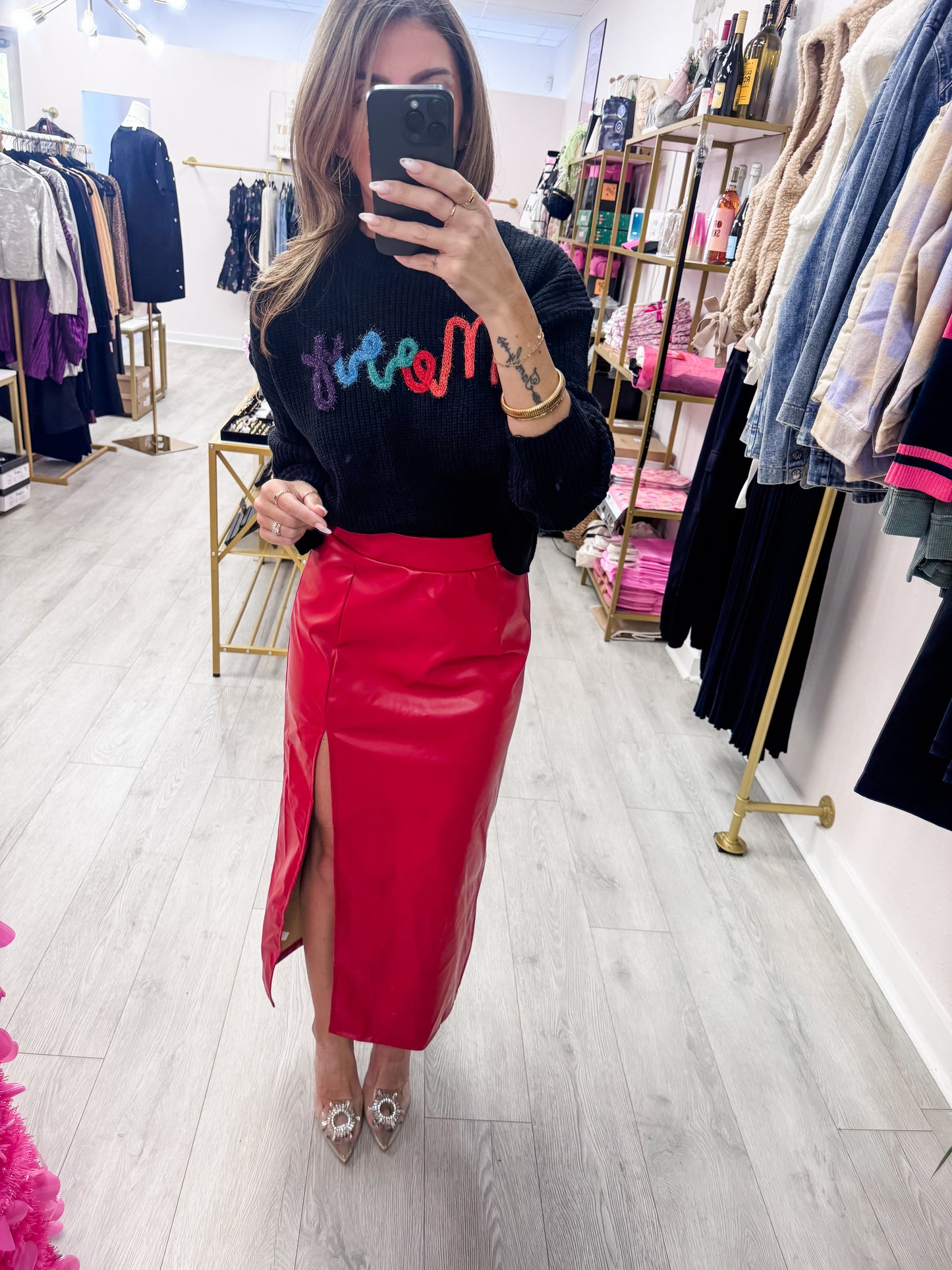Red Leather Skirt with Slit