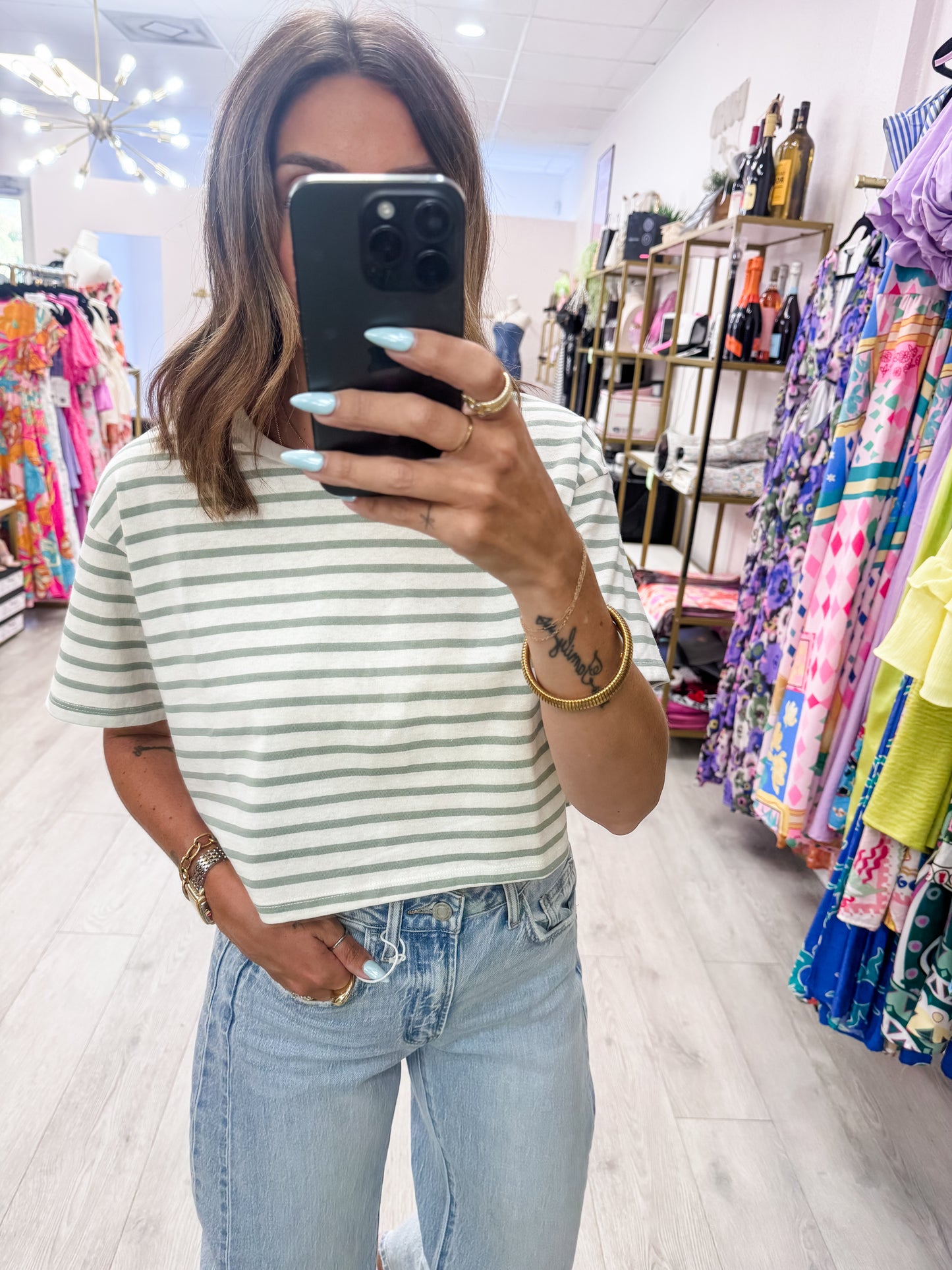 Sage Green Striped Oversized Short Sleeve Cropped Tee