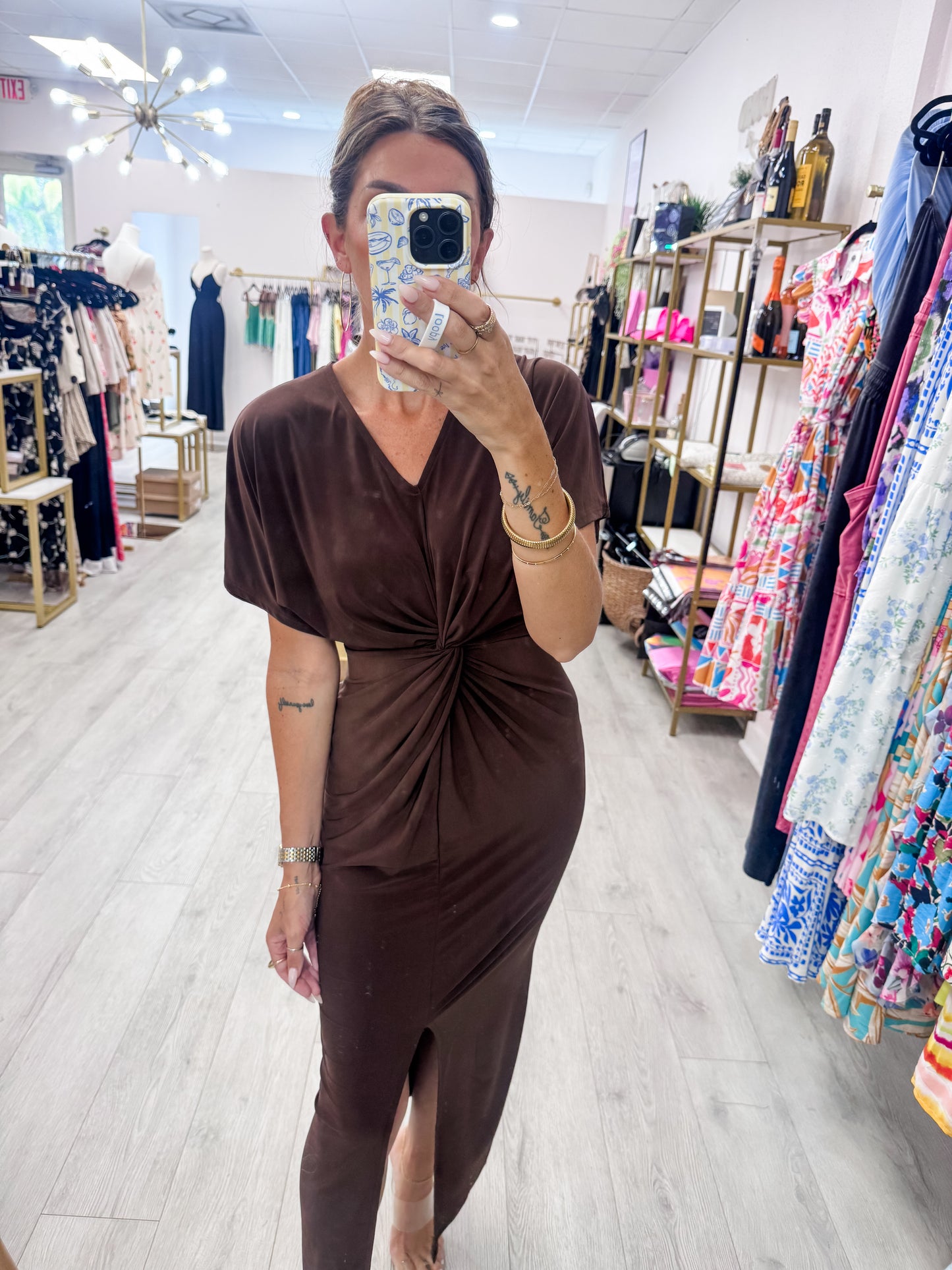Brown Twist Front Maxi Dress
