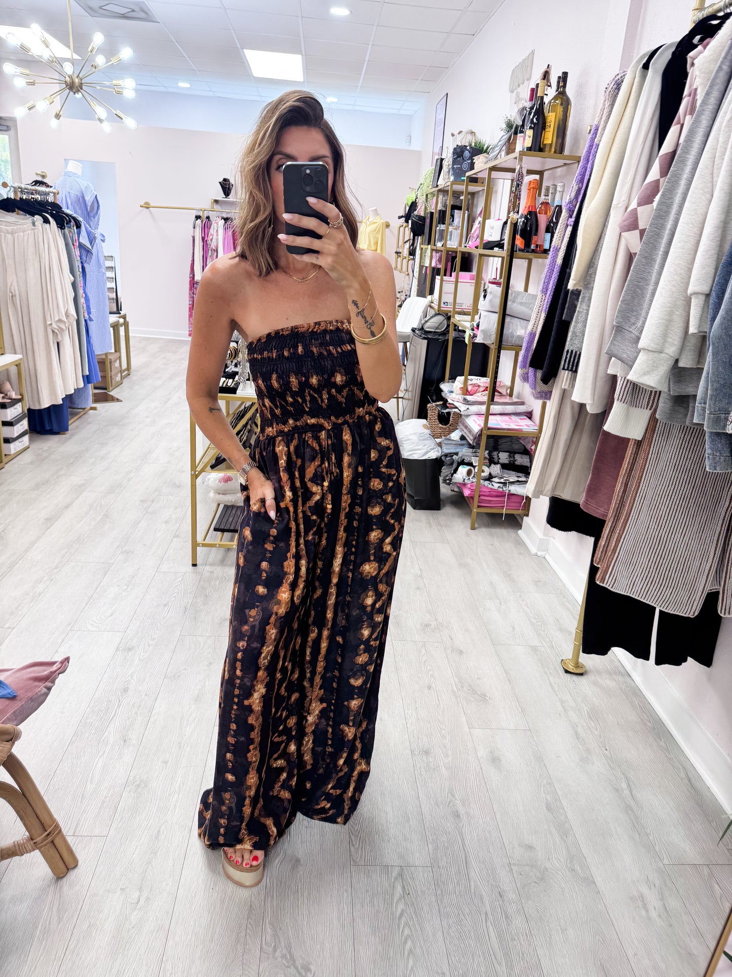 Java Tie Dye Print  Smocked Top Wide Leg Jumpsuit