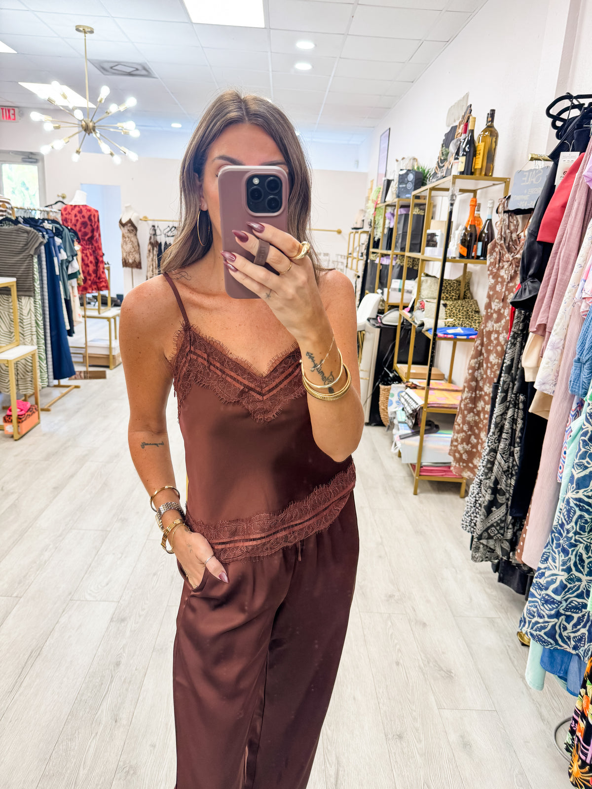 Brown Lace Trim Satin Spaghetti Strap Cami Top
