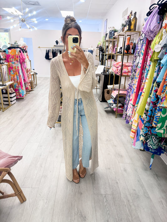 Oatmeal Pointelle Crochet Knit Cardigan