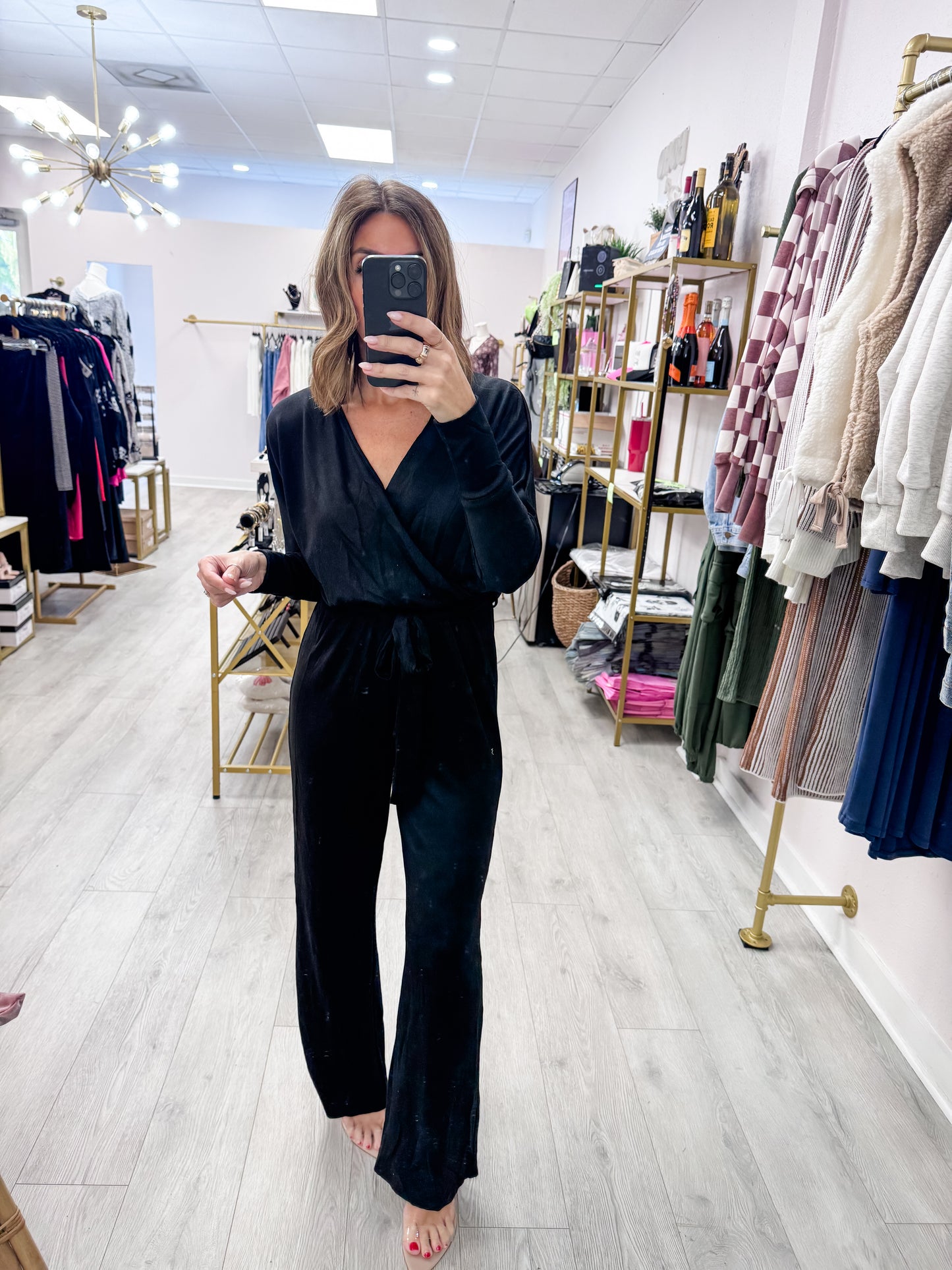 Black Surplice Tie-Belt Knit Jumpsuit